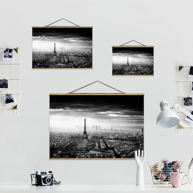 Stoffbild mit Posterleisten - Der Eiffelturm von Oben Schwarz-weiß - Querformat 3:2