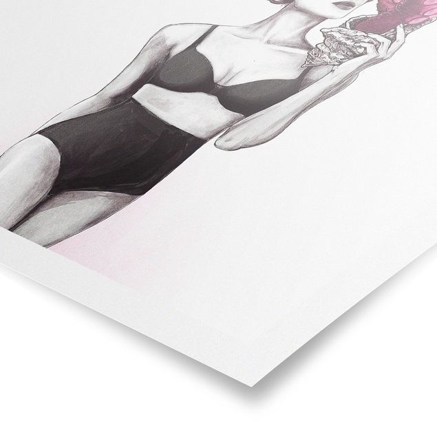 Poster - Illustration Frau in Unterwäsche Schwarz Weiß Oktopus - Hochformat 4:3