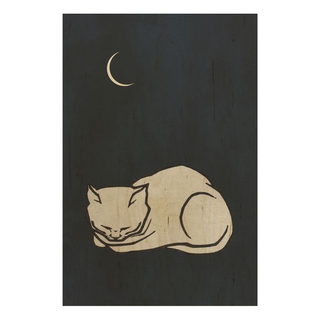 Holzbild - Schlafende Katze Illustration - Hochformat 3:2