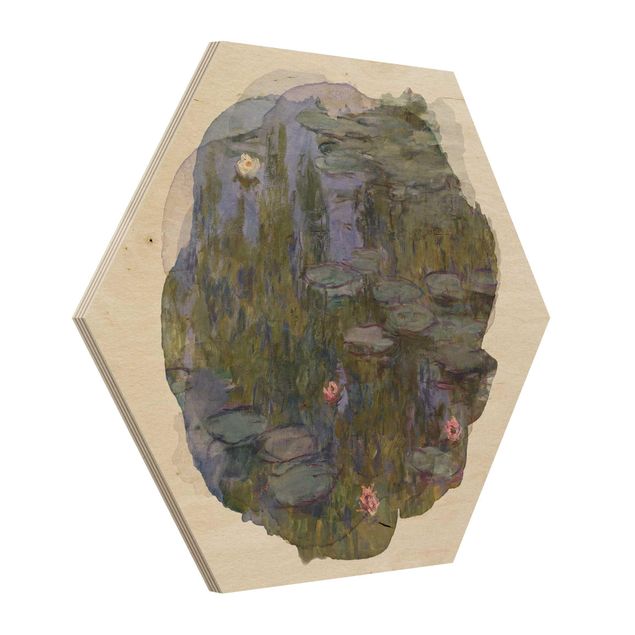 Hexagon Bild Holz - Wasserfarben - Claude Monet - Seerosen (Nympheas)