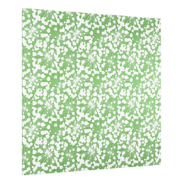 Spritzschutz Glas - Natürliches Muster Pusteblume mit Punkten vor Grün - Quadrat 1:1