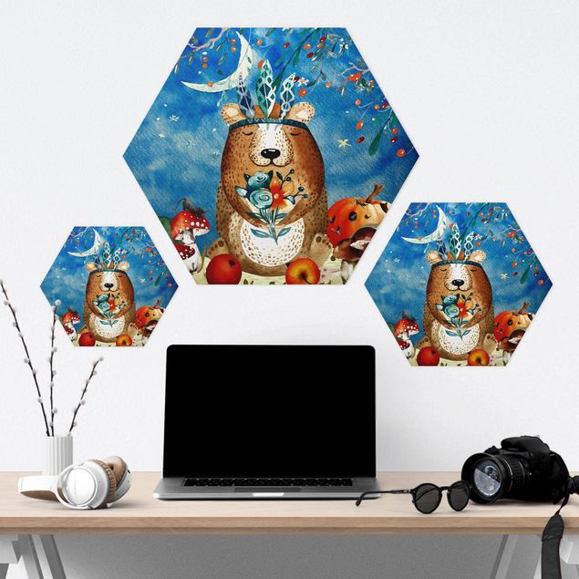 Hexagon Bild Forex - Aquarell Bär im Mondschein
