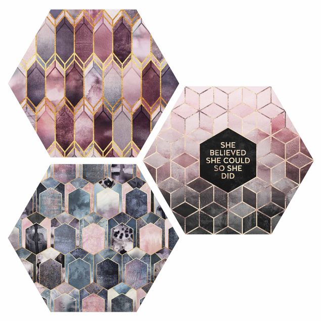 Hexagon Bild Alu-Dibond 3-teilig - Elisabeth Fredriksson - She Believed Art Deco Set Rosé Gold Set II