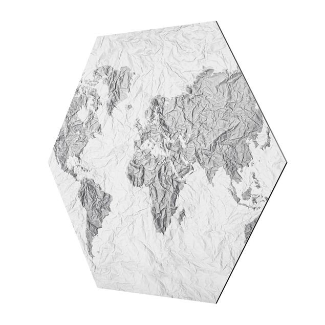 Hexagon Bild Alu-Dibond - Papier Weltkarte Weiß Grau
