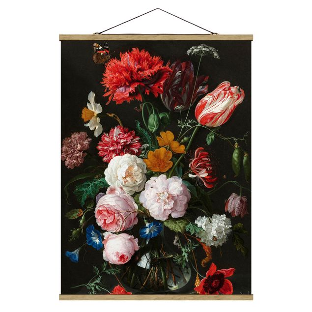 Stoffbild mit Posterleisten - Jan Davidsz de Heem - Stillleben mit Blumen in einer Glasvase - Hochformat 3:4