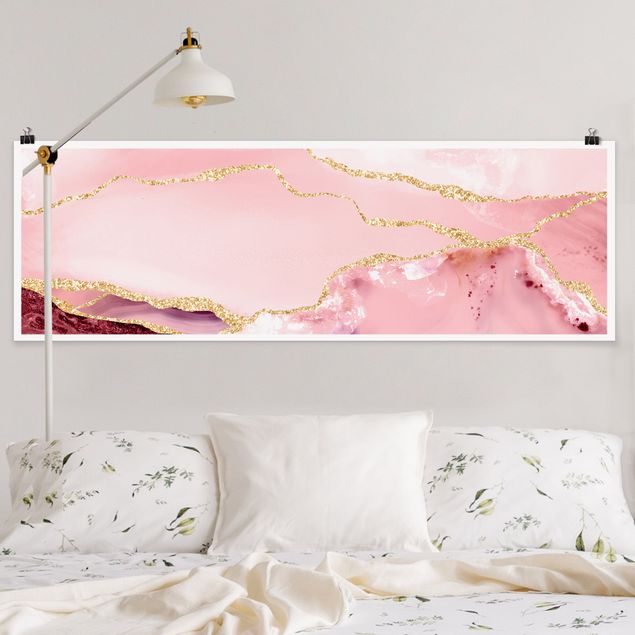 Poster - Abstrakte Berge Rosa mit Goldene Linien - Panorama Querformat
