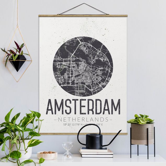 Stoffbild mit Posterleisten - Stadtplan Amsterdam - Retro - Hochformat 3:4