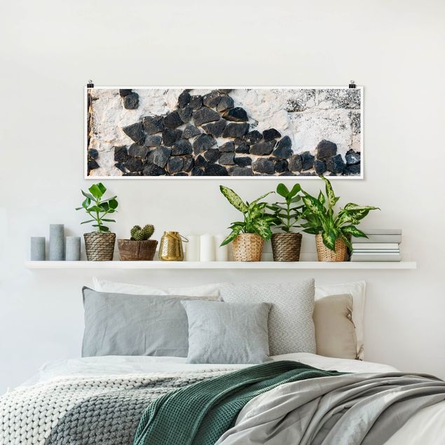 Poster - Mauer mit Schwarzen Steinen - Panorama Querformat