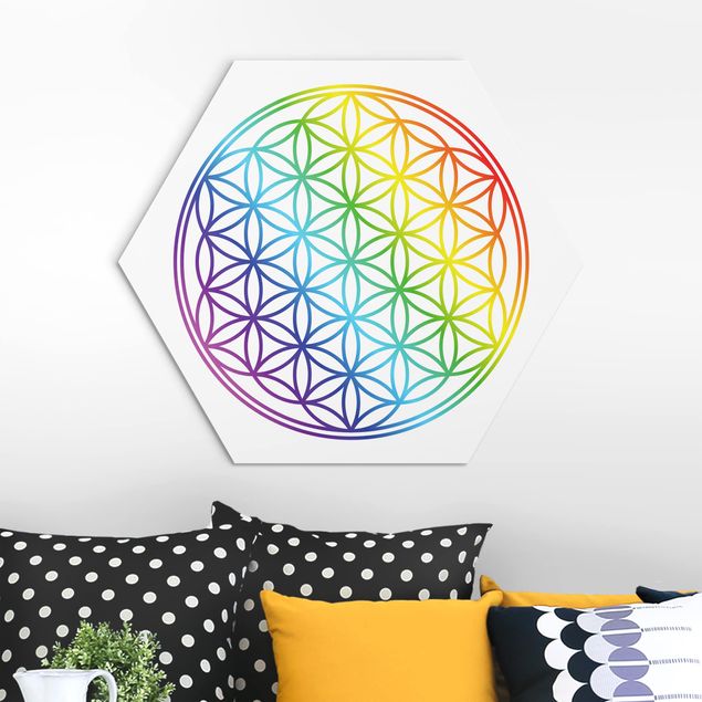 Hexagon Bild Alu-Dibond - Blume des Lebens Regenbogenfarbe