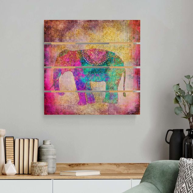 Holzbild - Bunte Collage - Indischer Elefant - Quadrat 1:1