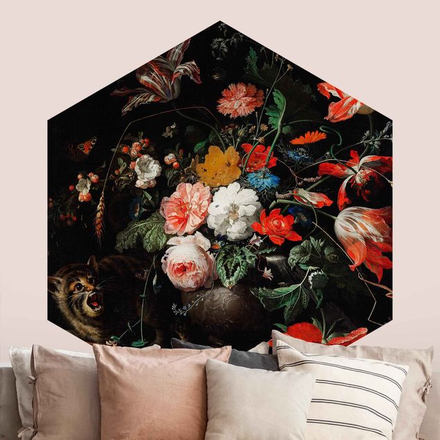 Hexagon Mustertapete selbstklebend - Abraham Mignon - Das umgeworfene Bouquet