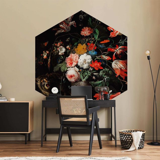 Hexagon Mustertapete selbstklebend - Abraham Mignon - Das umgeworfene Bouquet