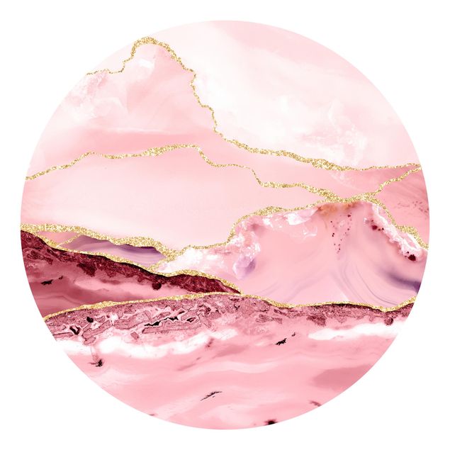 Runde Tapete selbstklebend - Abstrakte Berge Rosa mit Goldenen Linien