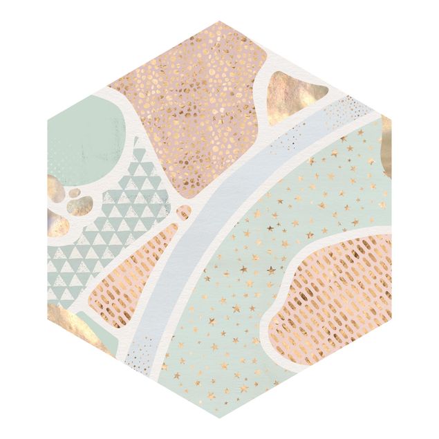 Hexagon Mustertapete selbstklebend - Abstrakte Seelandschaft Pastellmuster