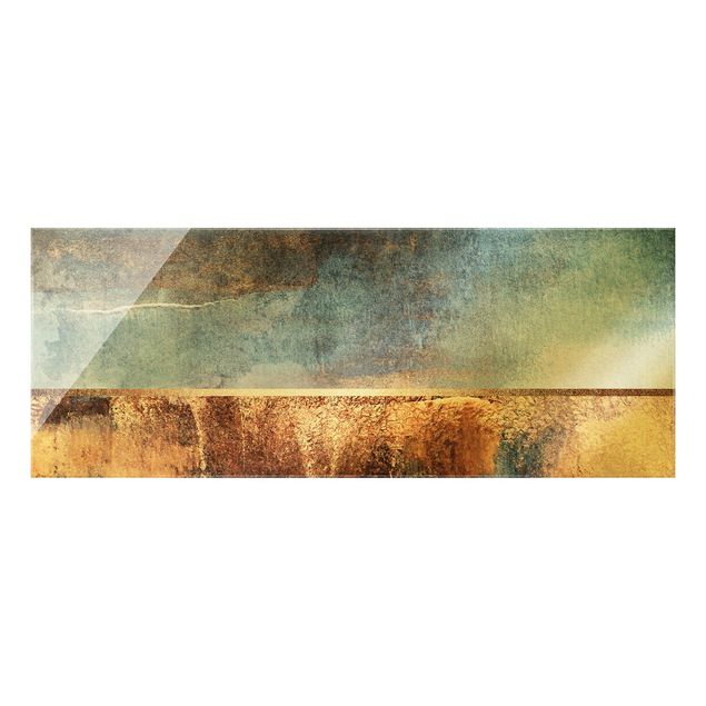 Glasbild - Abstraktes Seeufer in Gold - Panorama 5:2