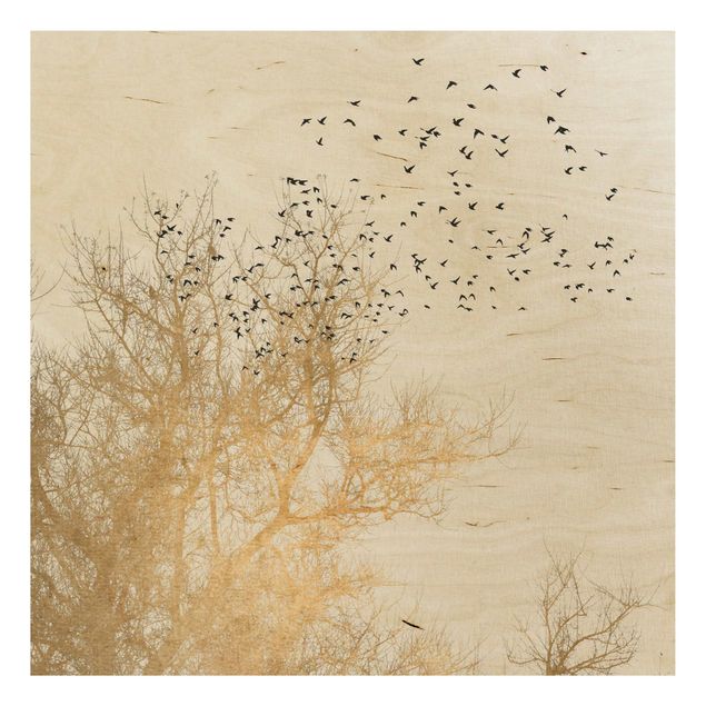 Holzbild - Vogelschwarm vor goldenem Baum - Quadrat 1:1