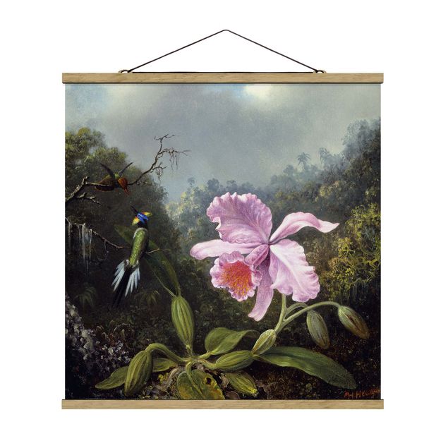 Stoffbild mit Posterleisten - Martin Johnson Heade - Stillleben mit Orchidee und zwei Kolibris - Quadrat 1:1