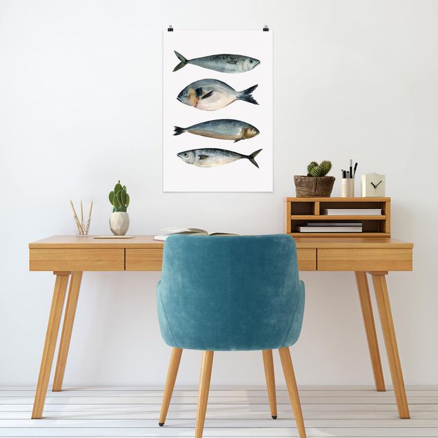 Poster - Vier Fische in Aquarell II - Hochformat 3:2