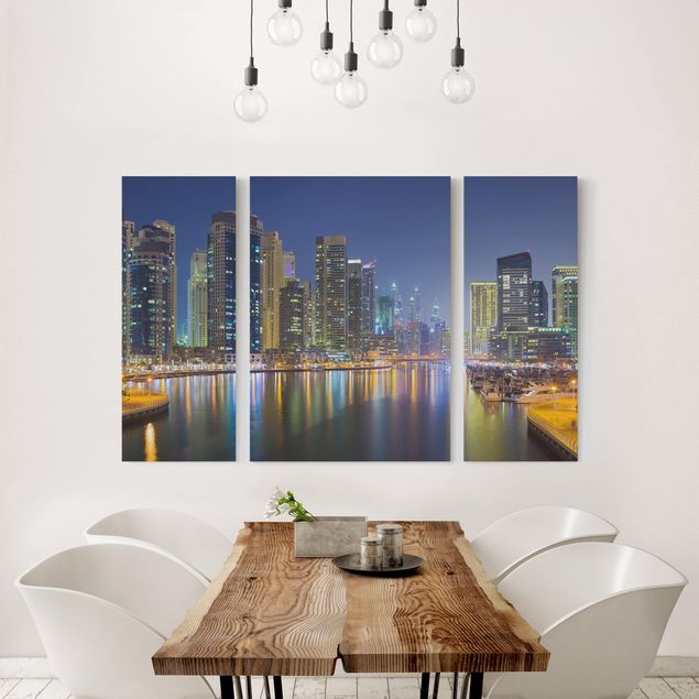 Leinwandbild 3-teilig - Dubai Nacht Skyline - Triptychon