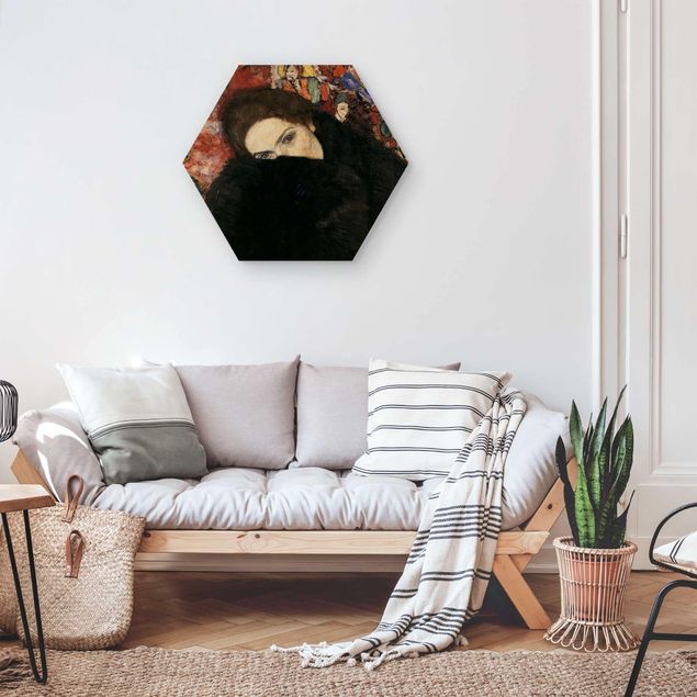 Hexagon Bild Holz - Gustav Klimt - Dame mit Muff