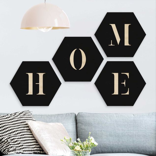 Hexagon Bild Holz 4-teilig - Buchstaben HOME Weiß Set II