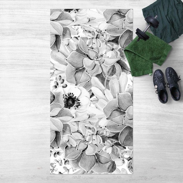 outdoor-teppich wetterfest Aquarell Sukkulente mit Blüte in Schwarz Weiß