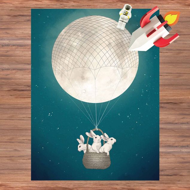 Moderner Teppich Illustration Hasen Mond-Heißluftballon Sternenhimmel