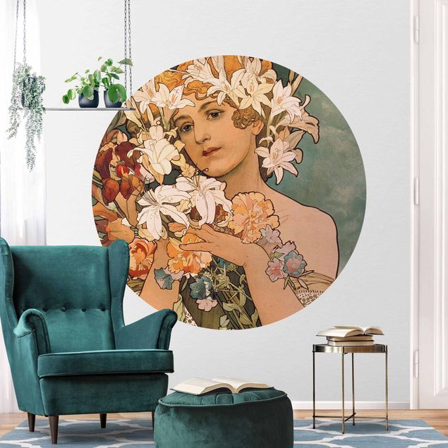 Runde Tapete selbstklebend - Alfons Mucha - Blume