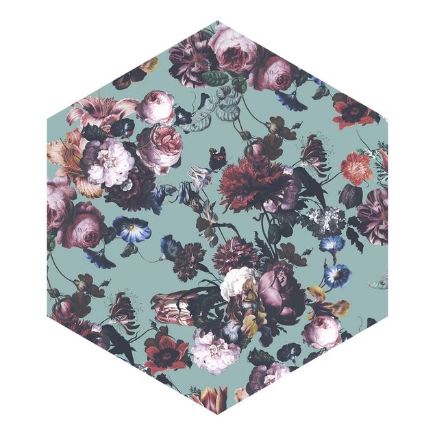 Hexagon Mustertapete selbstklebend - Altmeisterliche Blüten mit Tulpen und Rosen auf Blau