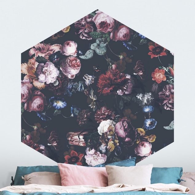 Hexagon Mustertapete selbstklebend - Altmeisterliche Blüten mit Tulpen und Rosen auf Dunkelgrau
