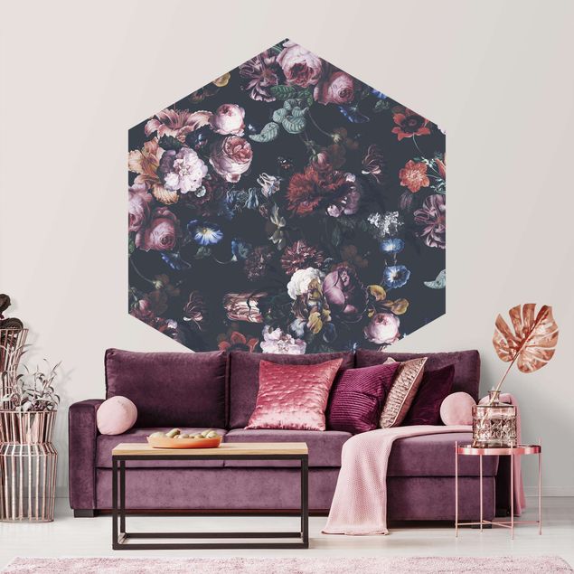 Hexagon Mustertapete selbstklebend - Altmeisterliche Blüten mit Tulpen und Rosen auf Dunkelgrau