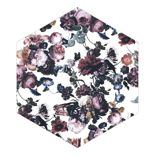 Hexagon Mustertapete selbstklebend - Altmeisterliche Blüten mit Tulpen und Rosen auf Weiß