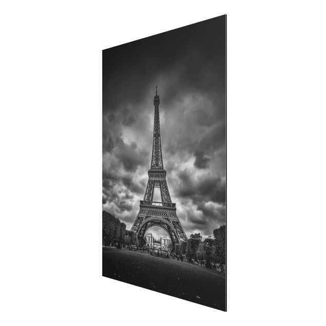 Aluminium Print - Eiffelturm vor Wolken schwarz-weiß - Hochformat 3:2