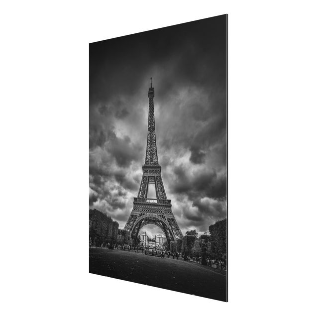 Aluminium Print - Eiffelturm vor Wolken schwarz-weiß - Hochformat 4:3