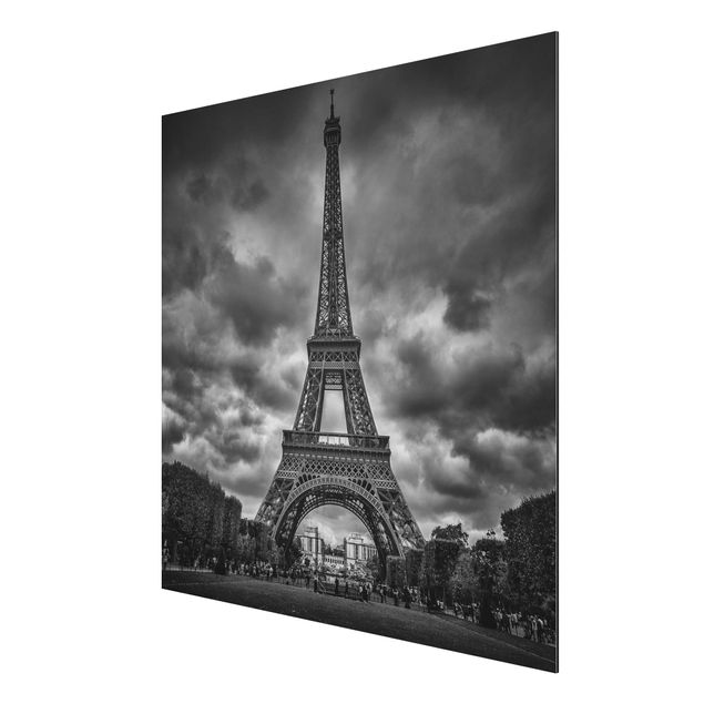 Aluminium Print - Eiffelturm vor Wolken schwarz-weiß - Quadrat 1:1
