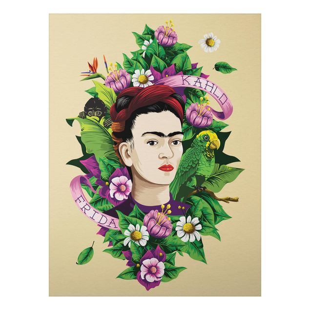 Alu-Dibond Bild - Frida Kahlo - Frida, Äffchen und Papagei