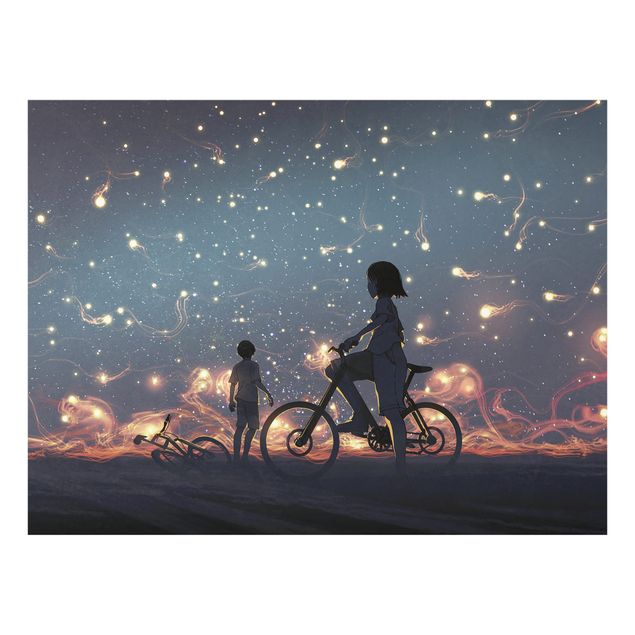 Glasbild - Anime Zeichnung Lichter auf dem Fahrrad - Querformat
