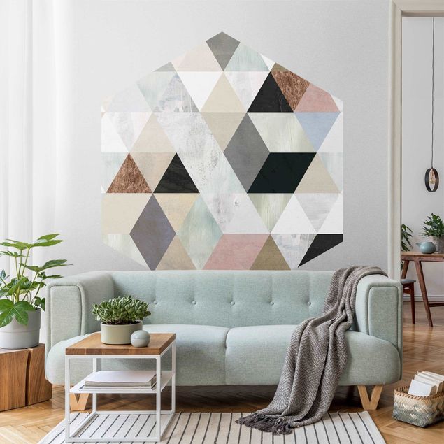 Hexagon Mustertapete selbstklebend - Aquarell-Mosaik mit Dreiecken I