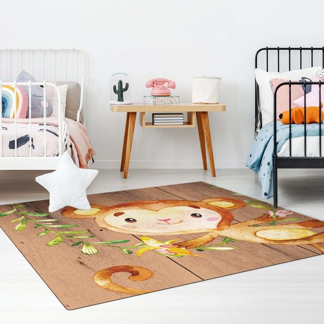 Kork-Teppich - Aquarell Affe auf Holz - Quadrat 1:1