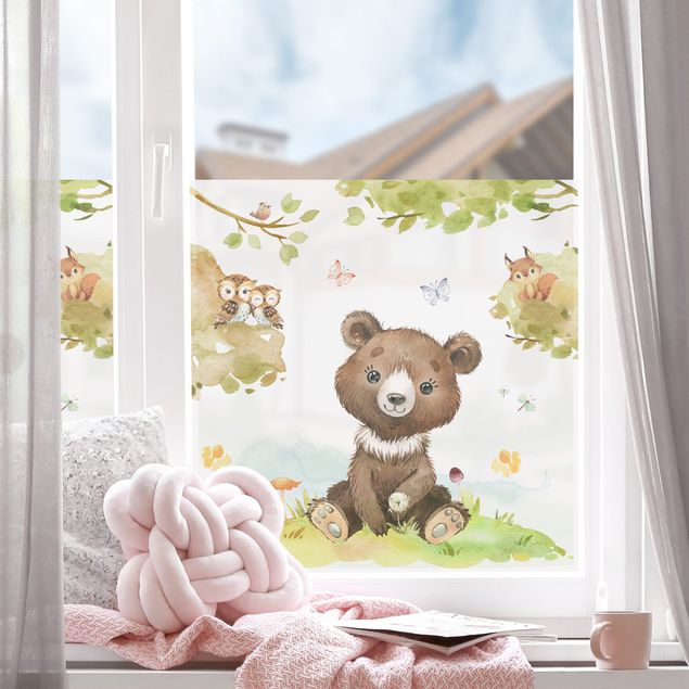 Fensterfolie - Sichtschutz - Aquarell Bär Eule und Eichhörnchen - Fensterbilder