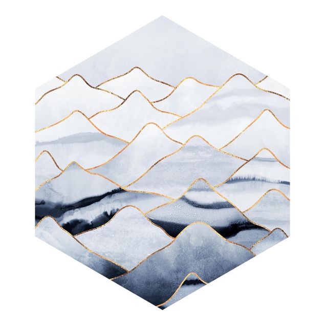 Hexagon Mustertapete selbstklebend - Aquarell Berge Weiß Gold