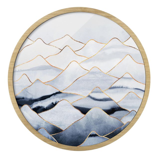 Rundes Gerahmtes Bild - Aquarell Berge Weiß Gold