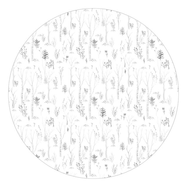 Runde Tapete selbstklebend - Aquarell Birkenwald Schwarz Weiß
