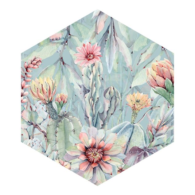Hexagon Mustertapete selbstklebend - Aquarell Blühende Kakteen Bouquet