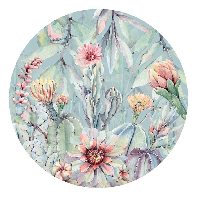 Runde Tapete selbstklebend - Aquarell Blühende Kakteen Bouquet