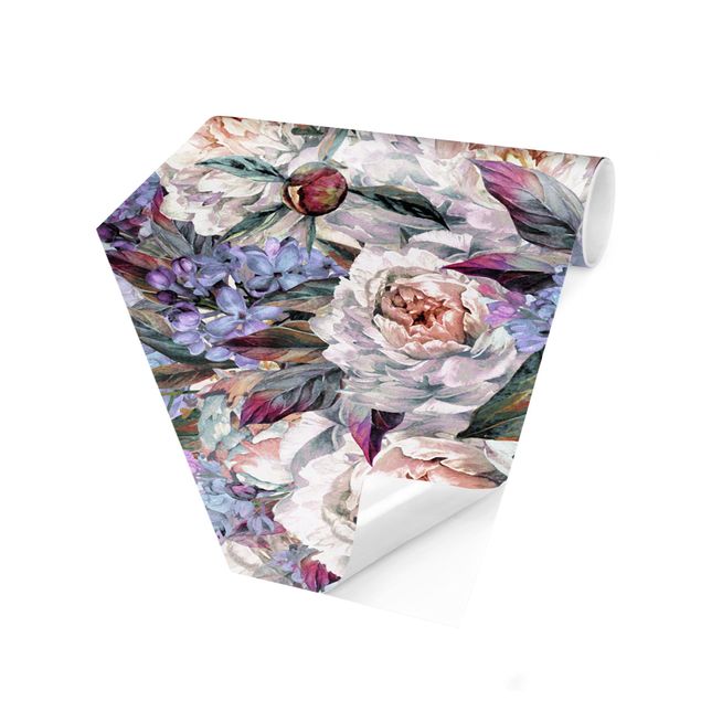 Hexagon Mustertapete selbstklebend - Aquarell Flieder Pfingstrosen Bouquet