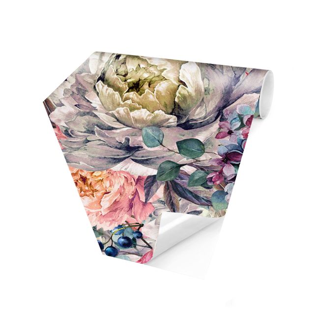 Hexagon Mustertapete selbstklebend - Aquarell Florales Bouquet