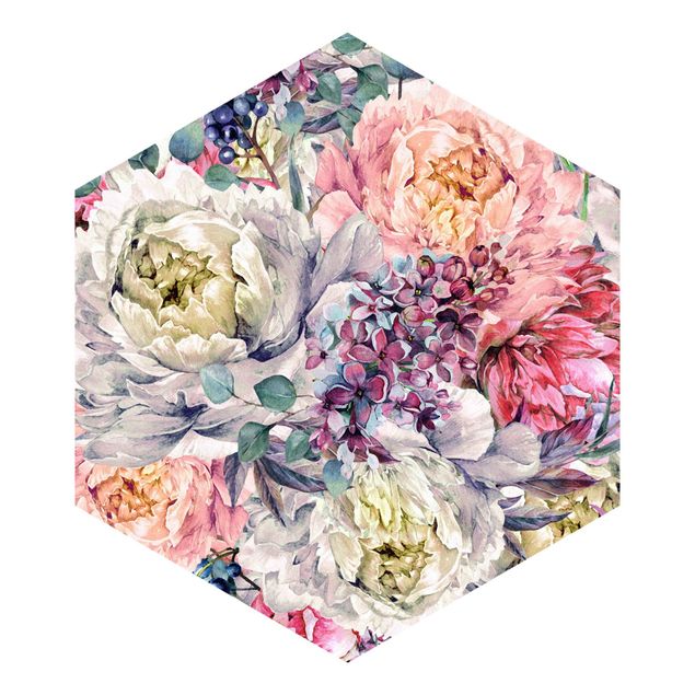 Hexagon Mustertapete selbstklebend - Aquarell Florales Bouquet