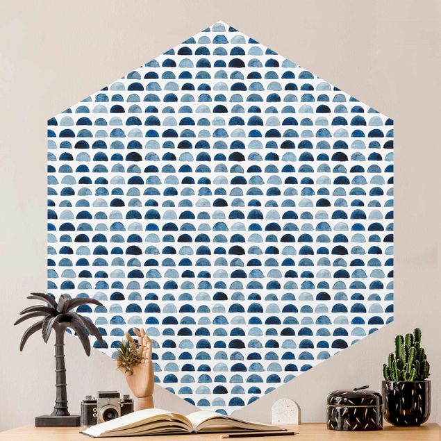 Hexagon Mustertapete selbstklebend - Aquarell Halbkreise in Indigo