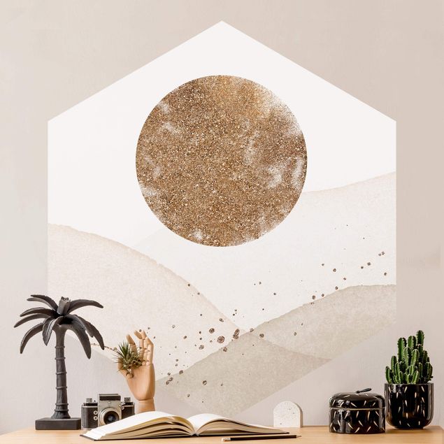Hexagon Mustertapete selbstklebend - Aquarell Landschaft Sonnensturm